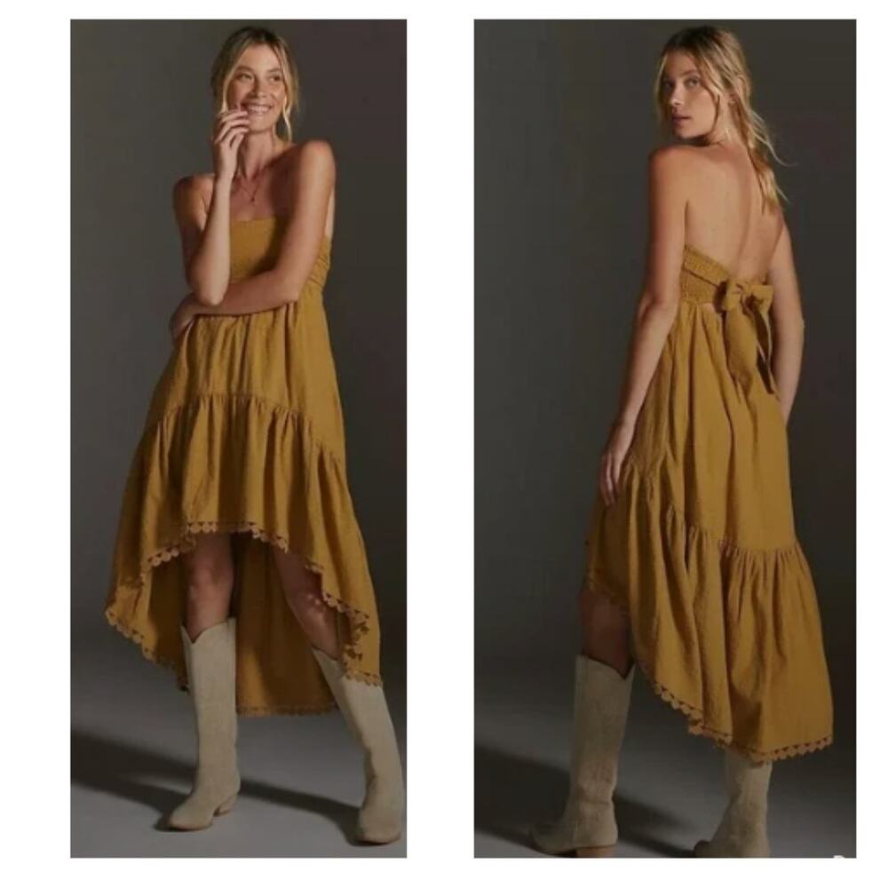 Anthropologie Maeve High-Low Strapless Gold Mustard Cotton Midi Dress 2X